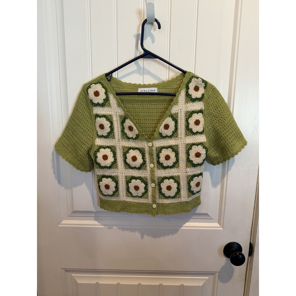 Stellino Women S Crochet Daisy Cardigan Granny Square Green Floral Boho Cropped
